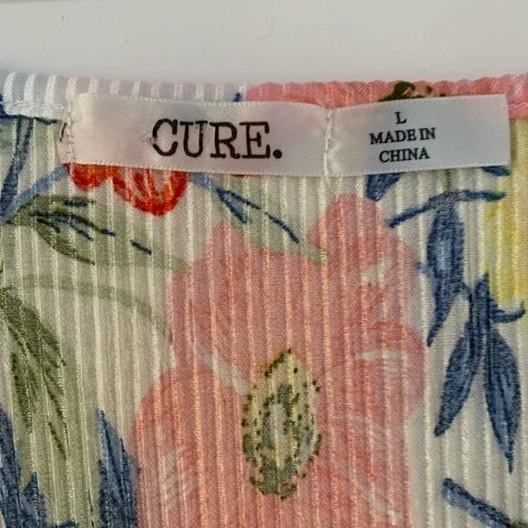 Cure L Floral V-Neck Short Sleeve Top Tie Front Rhinestone 0083 - Picture 5 of 10